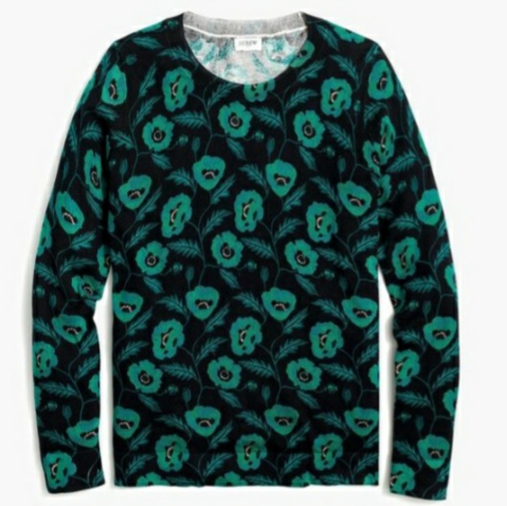 J. Crew Black and Green Floral Sweater